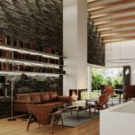 living modern cu mobilier din lemn perete din caramizi cu biblioteca semineu