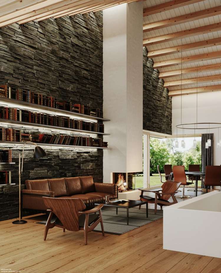 living modern cu mobilier din lemn perete din caramizi cu biblioteca semineu