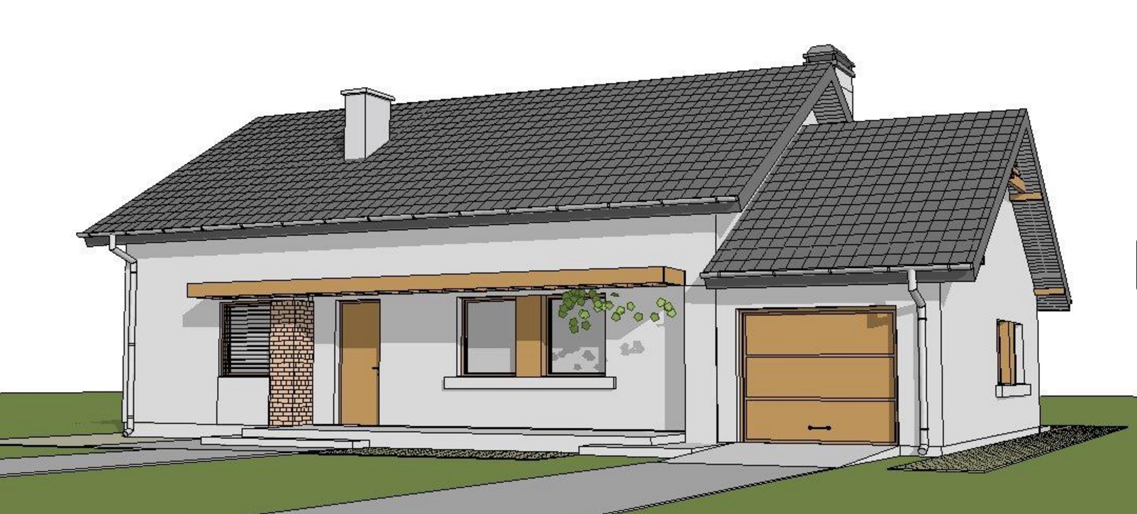 Schita spate casa parter cu doua dormitoare si garaj
