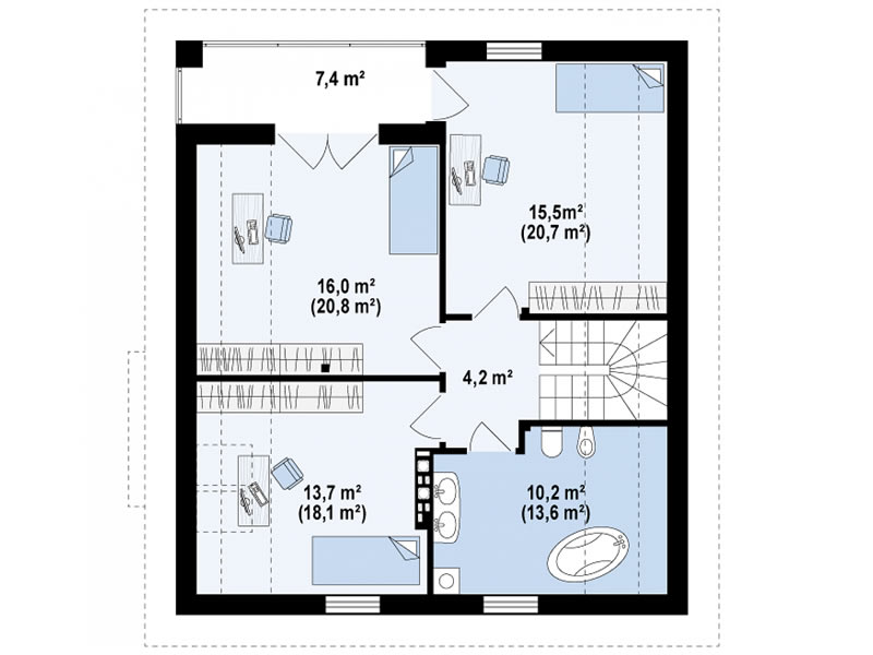 Plan mansarda casa cu 4 dormitoare si 2 bai