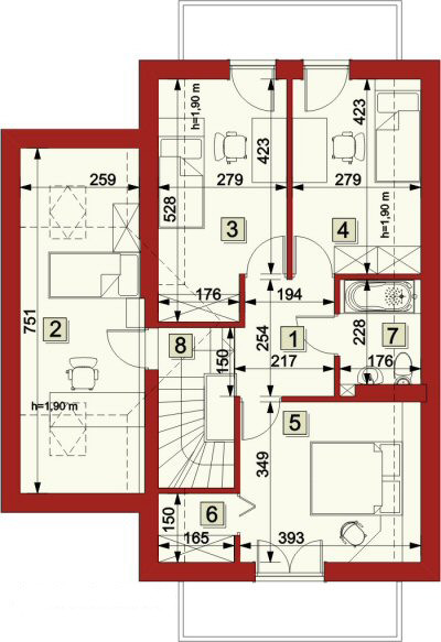 Plan etaj casa cu 4 camere si 2 balcoane