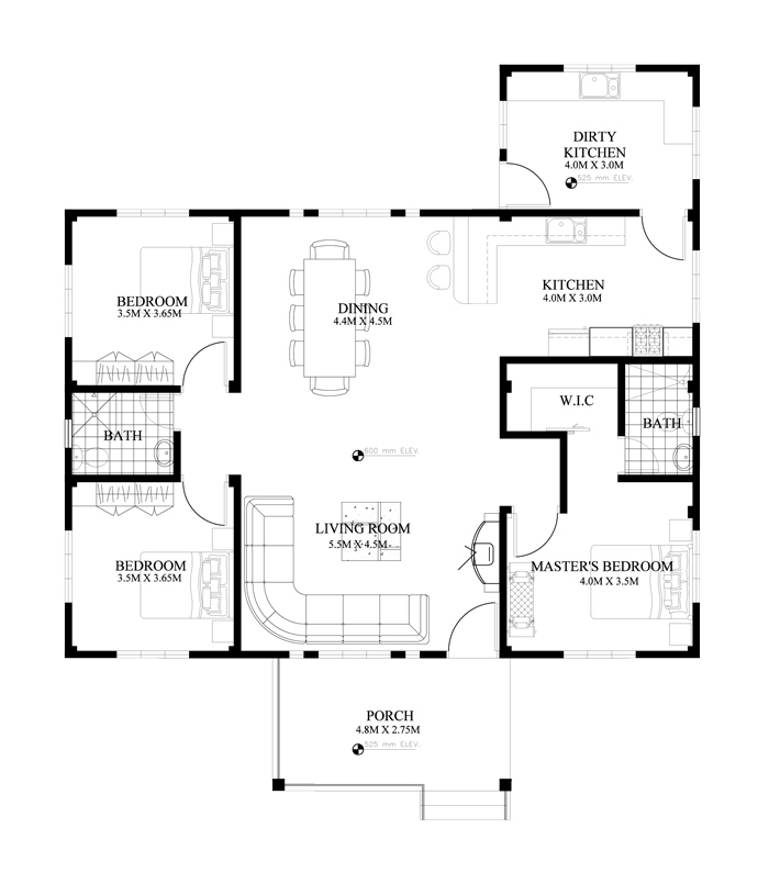 Plan parter bungalow cu 3 camere