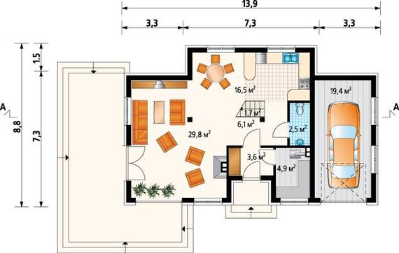 Plan parter casa cu 3 dormitoare la mansarda