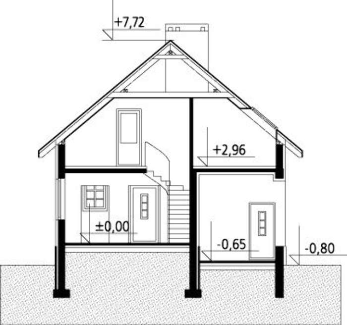Plan vertical casa cu 2 dormitoare la mansarda