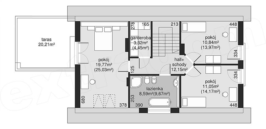 Plan etaj casa cu 3 dormitoare la mansarda