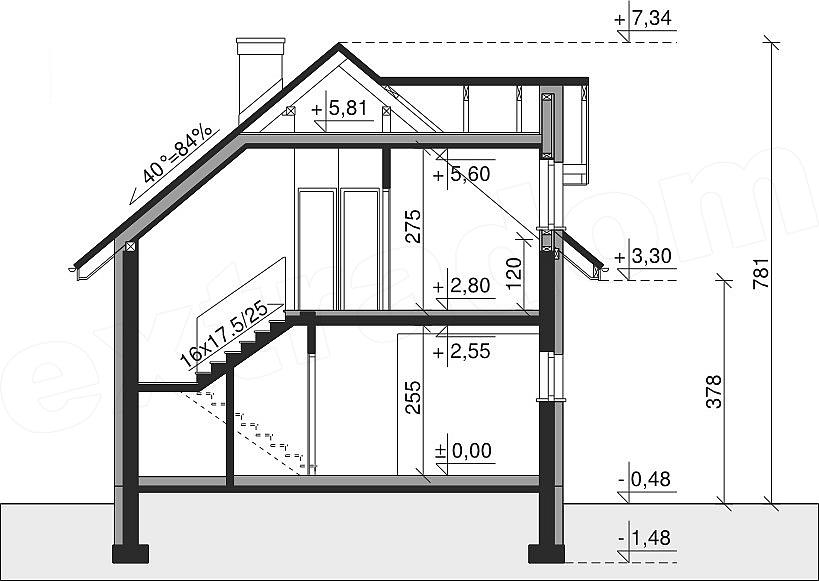 Plan vertical casa cu 3 dormitoare la mansarda