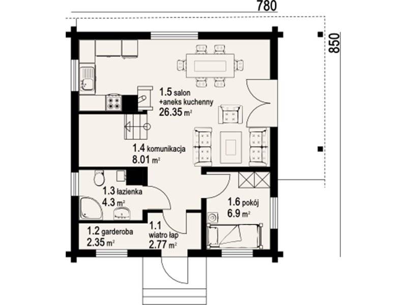 Plan parter casa din lemn cu 3 dormitoare
