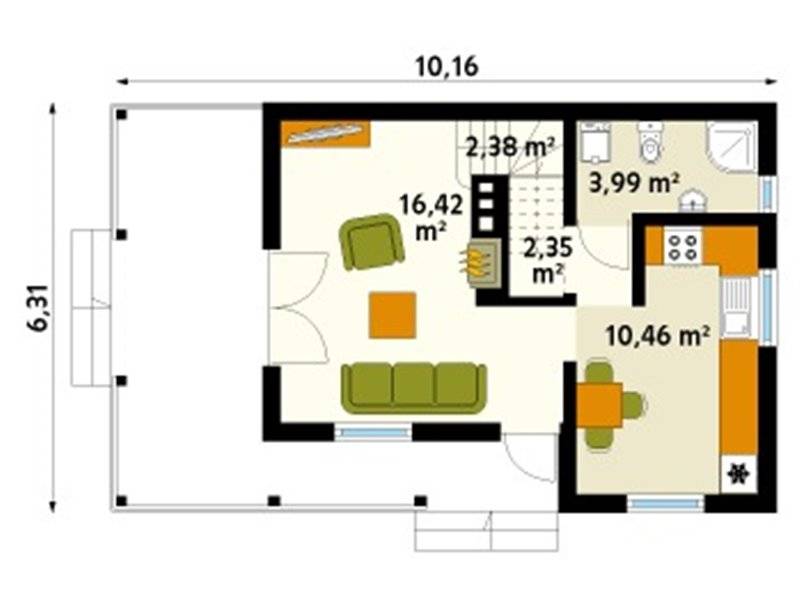 Plan parter casa din lemn cu 5 camere