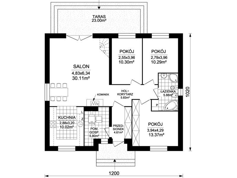 Plan parter casa mica cu 4 camere